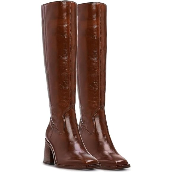 Women Caramel Polyurethane Knee High Square Toe Side Zipper Block Heel Tall Boot - Picture 5 of 9